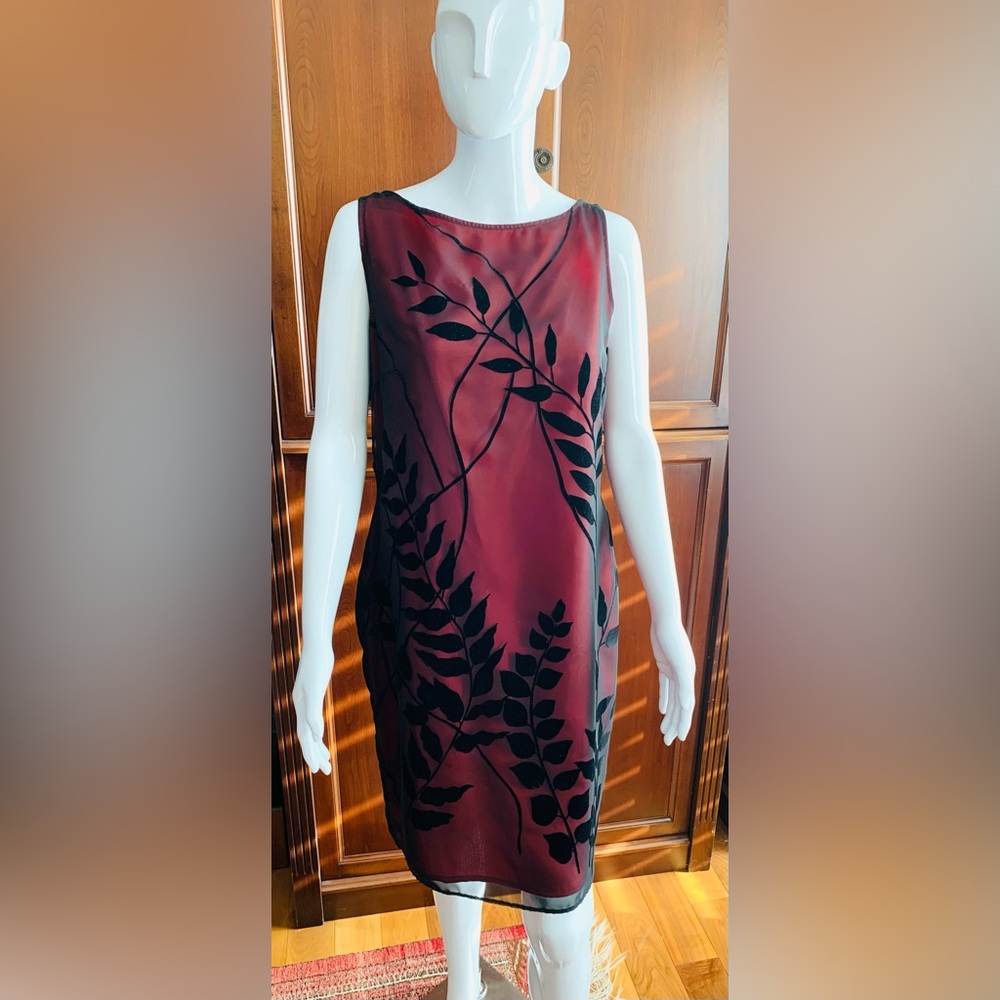 English Richards mini black & red Dress sheer mesh black velvet leaves US 12